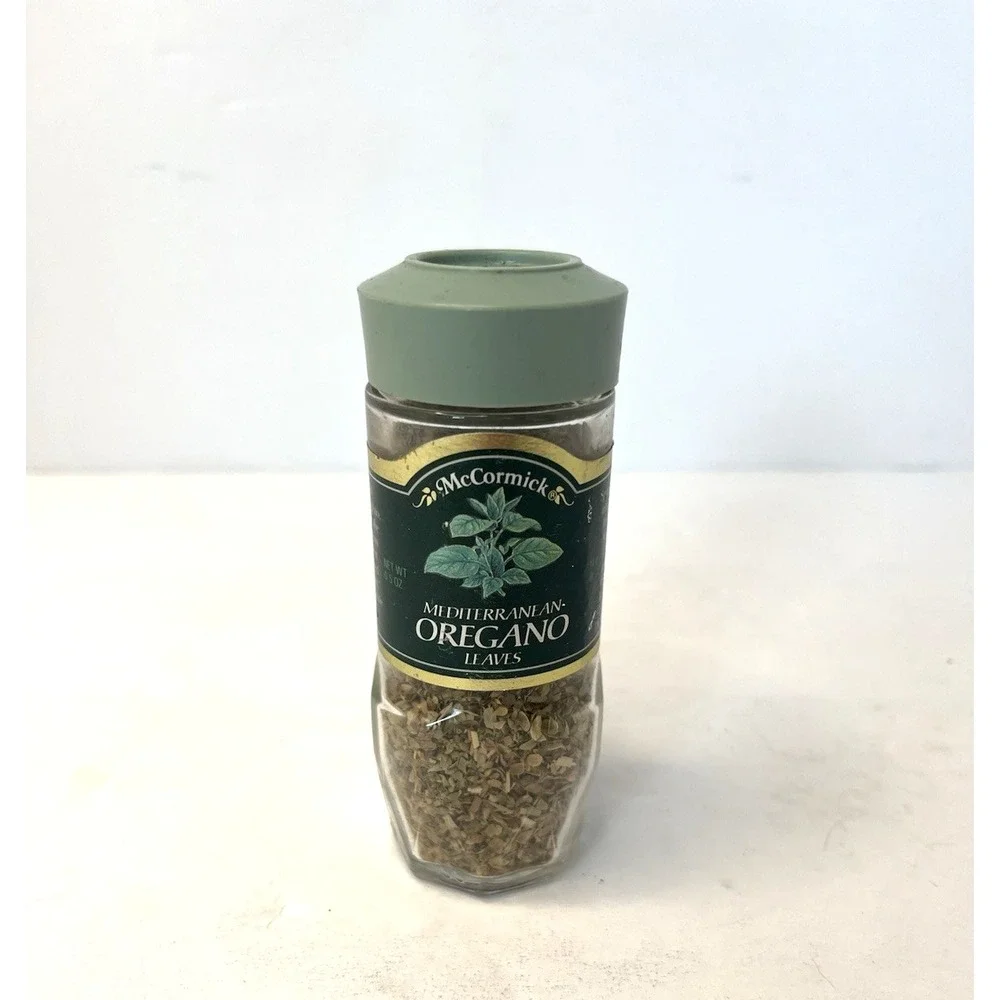 Vintage McCormick Oregano Spice Jar - Glass Container w/‎ Contents - Green Lid